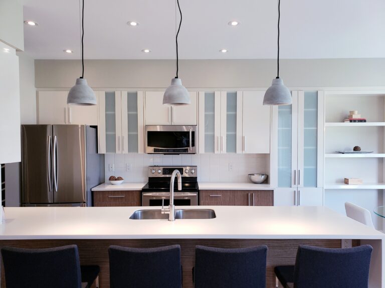 Modern kitchen cabinets in white and tinted wood