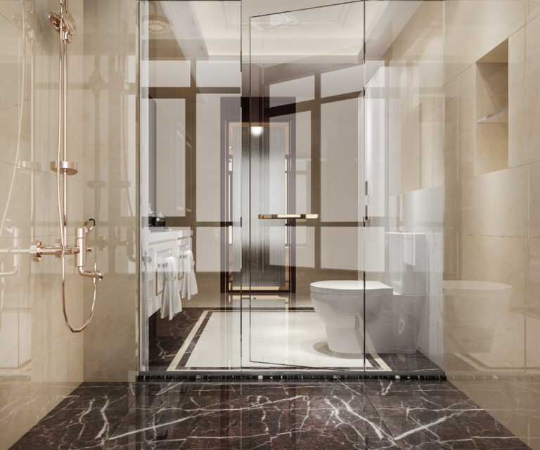 Shower room in beige stone tile