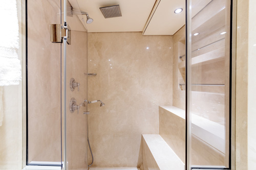 Rainfall showerhead in a ceramic shower room