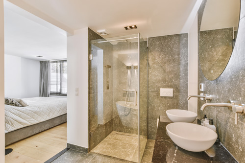 Corner shower in a modern bathroom