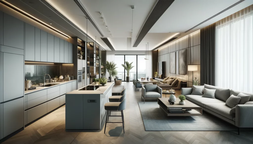 modern-open-concept-kitchen and living room with seamless transitions and cohesive decor. The kitchen features sleek cabinetry, a large island