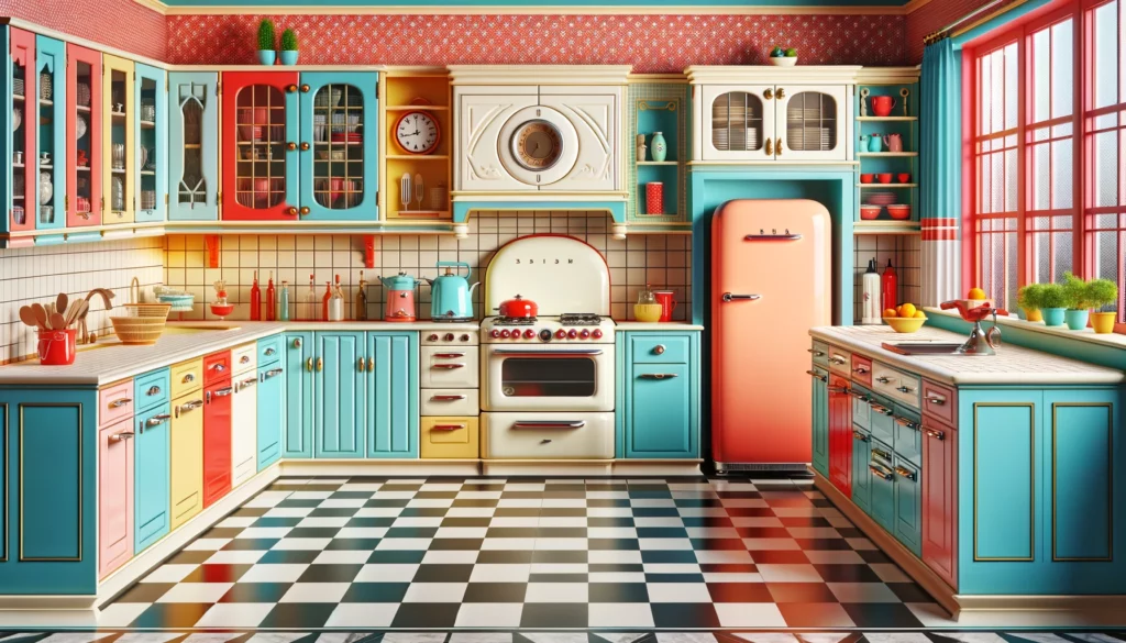 retro-inspired kitchen featuring vintage appliances and a bold color scheme. The kitchen includes pastel-colored cabinets, a checkerboard floor