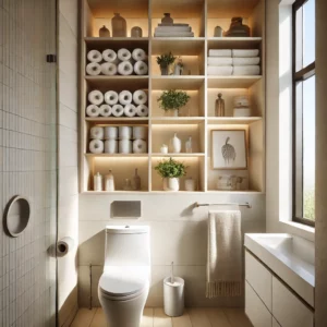 A modern San Diego bathroom remodel with vertical storage shelves installed above a toilet. The shelves are neatly stocked with rolled towels and smal