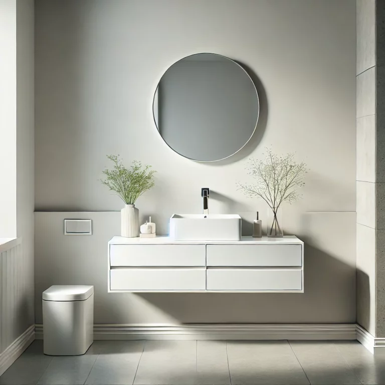 modern-small bathroom featuring a wall-mounted floating vanity with a sleek white countertop. The vanity has a simple design, with drawers below