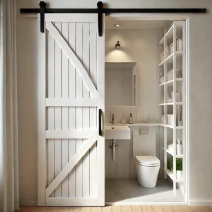 A sliding barn door, painted white, slightly open to reveal a modern bathroom with a compact layout. 